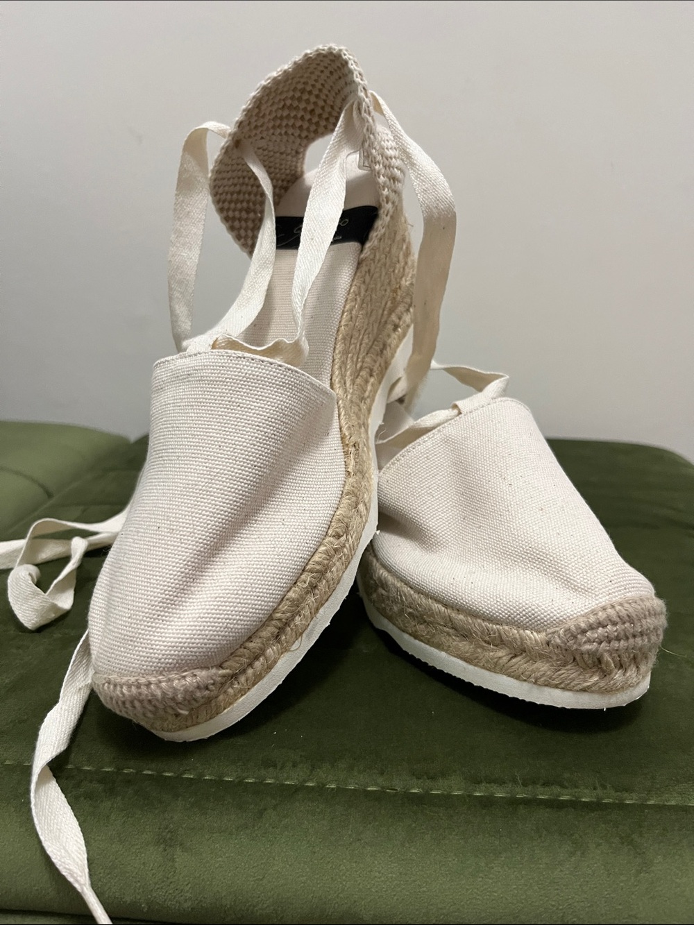 Canvas Espadrille Wedge Lace-Up Espadrilles in Cream